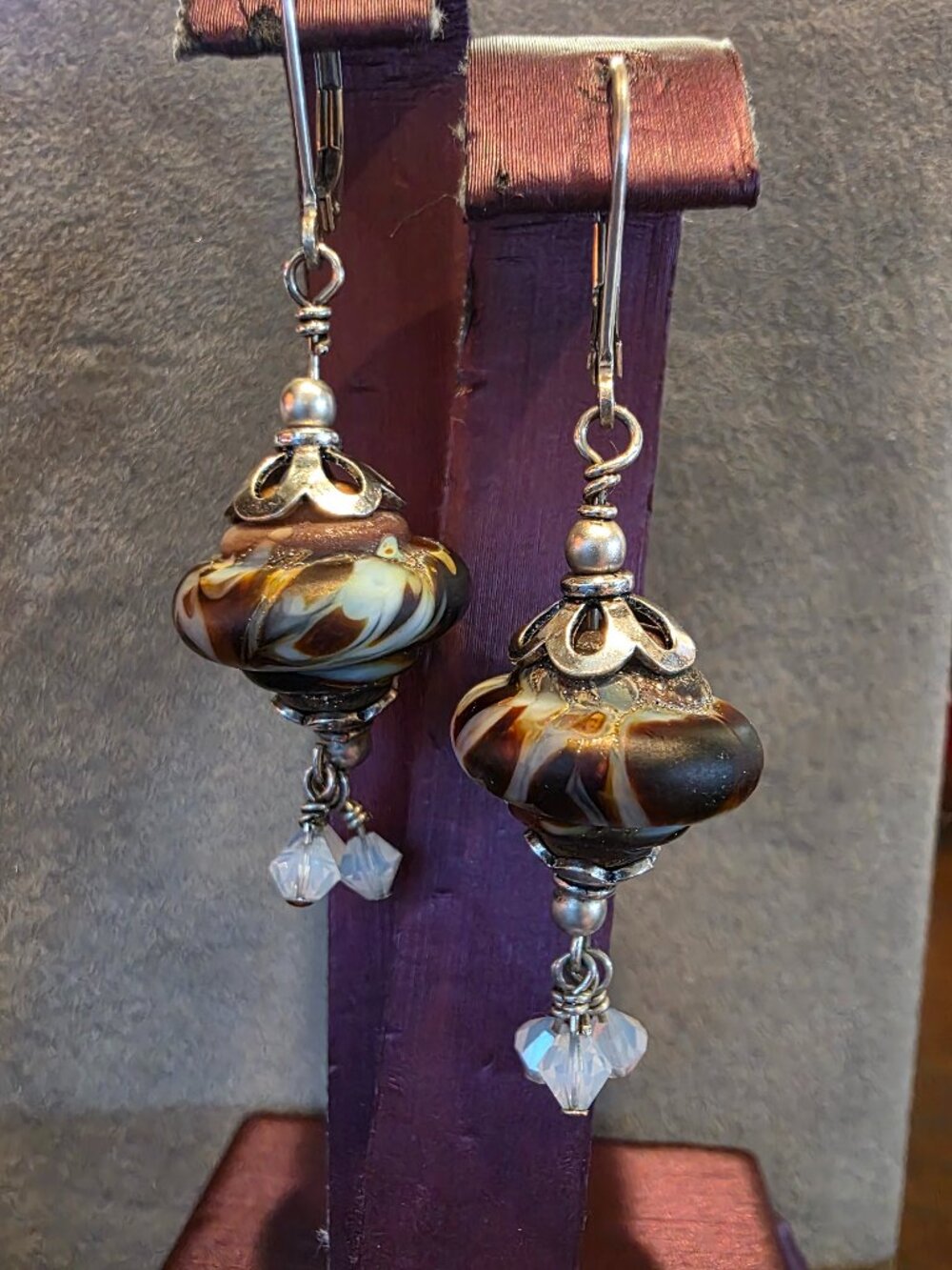 Artisan Lampwork Glass Dangle Earrings Brown Swirl Leverback Sterling Silver